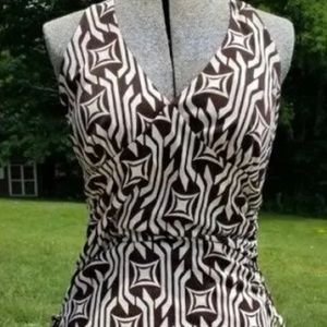 Bisou bisou brown and cream patterned halter dress with ruched sides